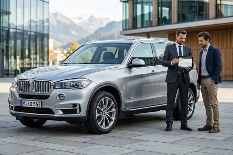 Professioneller Autoankauf in der Schweiz: Ein Händler begutachtet einen gepflegten Gebrauchtwagen für den Autoexport.