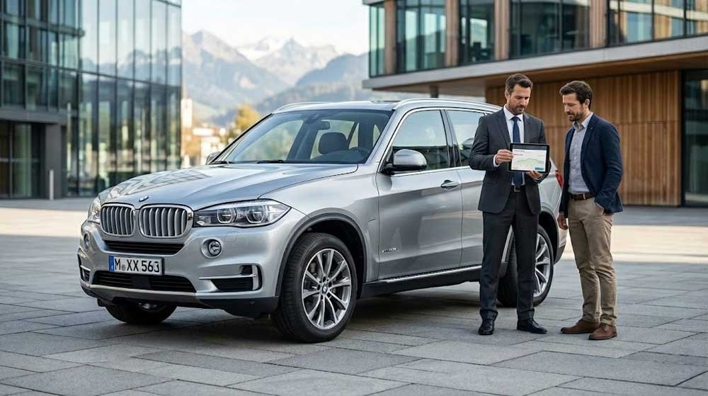 Professioneller Autoankauf in der Schweiz: Ein Händler begutachtet einen gepflegten Gebrauchtwagen für den Autoexport.